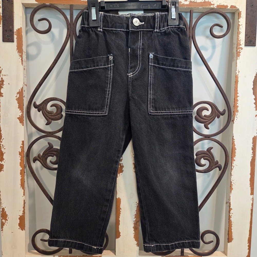 Zara Kids Black Denim Contrast White Stitch Elastic Waist Jeans Size 3-4 Years